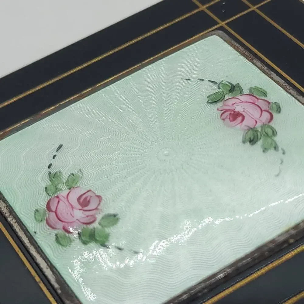 Vintage Shields Guilloche Enamel Rose Powder Compact Black Art Deco Mirror Case